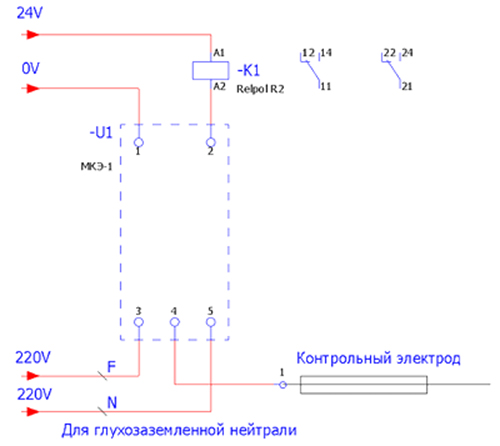 Схема подключения модуля МКЭ-2 в сетях с глухозаземленной нейтралью