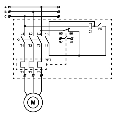 Схема подключения пускателя в корпусе ПМК 12 (LE1-D12)