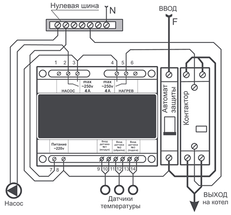 Монтажная схема терморегулятора ТК-7 в однофазной сети